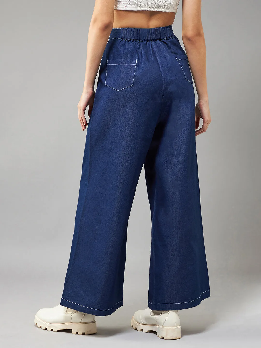 Women's Navy Blue Wide-Leg High Rise Light Weight Culottes Denim Pants