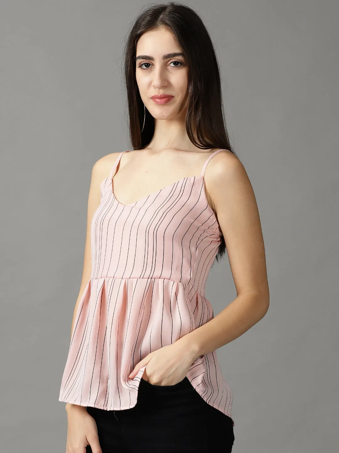 Women's Pink Striped Peplum Top