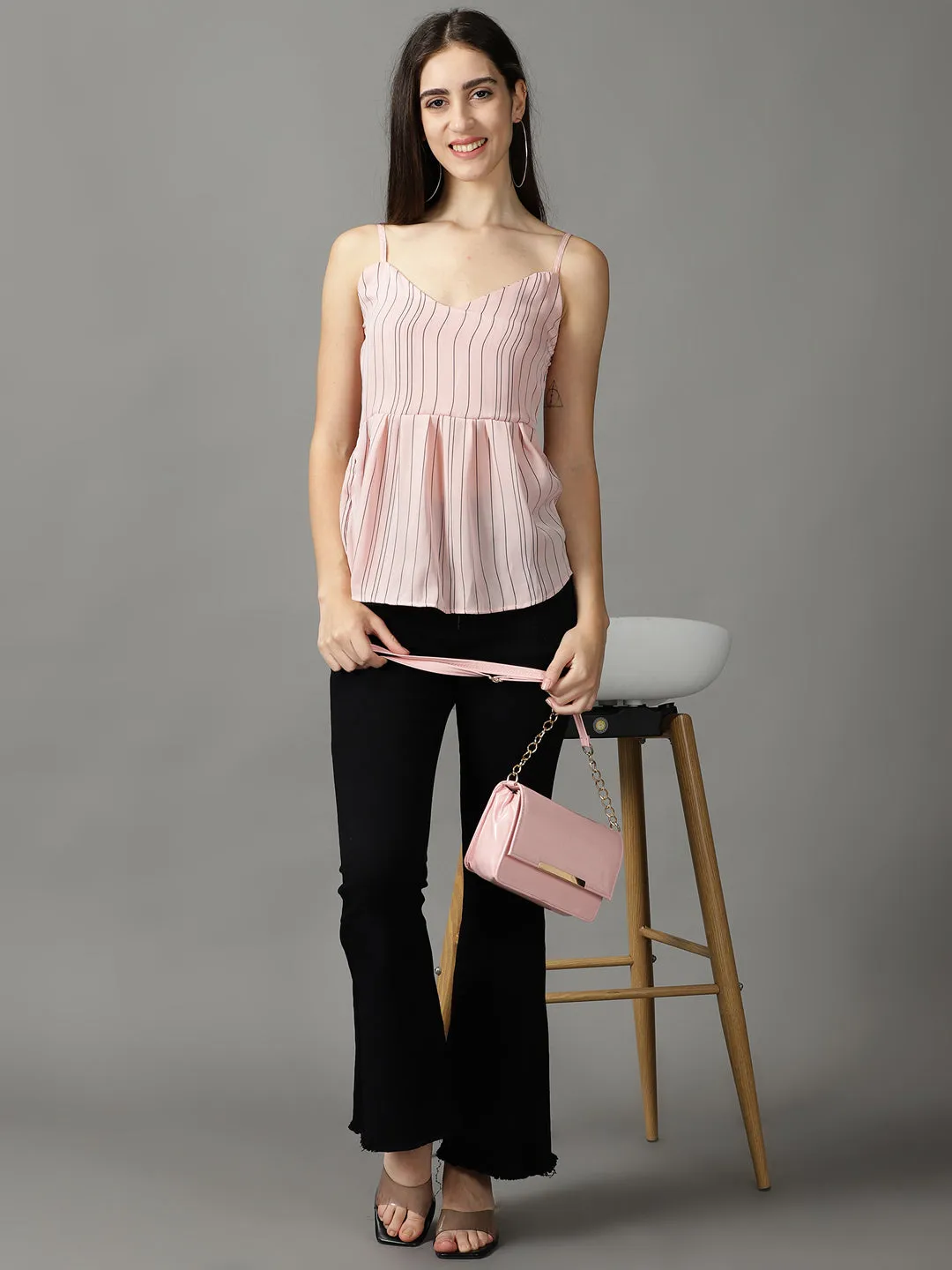 Women's Pink Striped Peplum Top