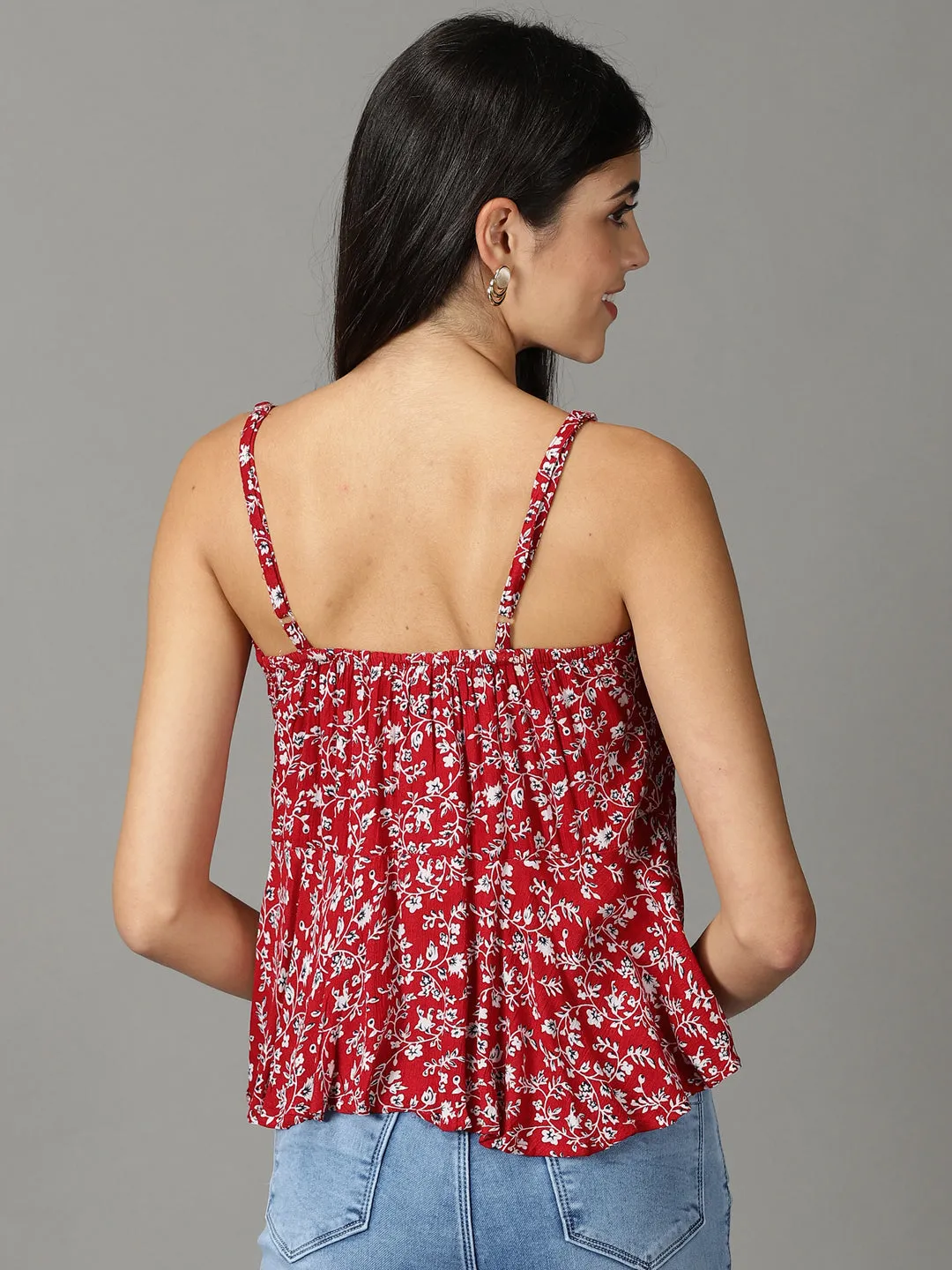 Women's Red Printed Peplum Top