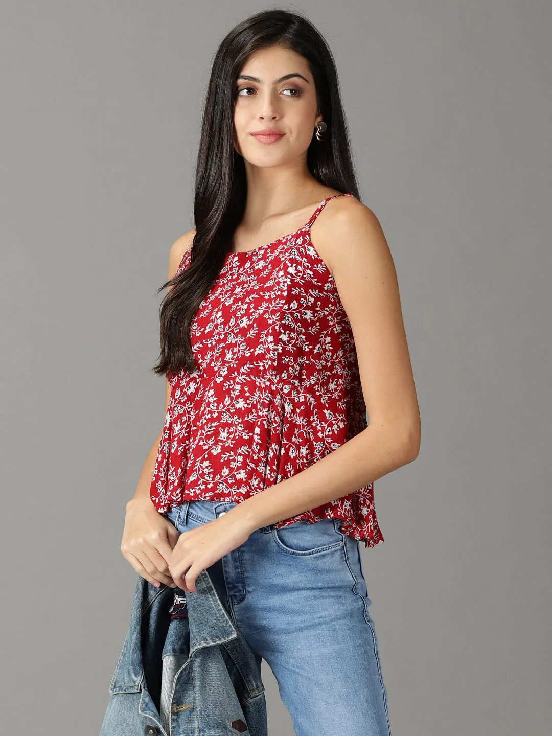 Women's Red Printed Peplum Top