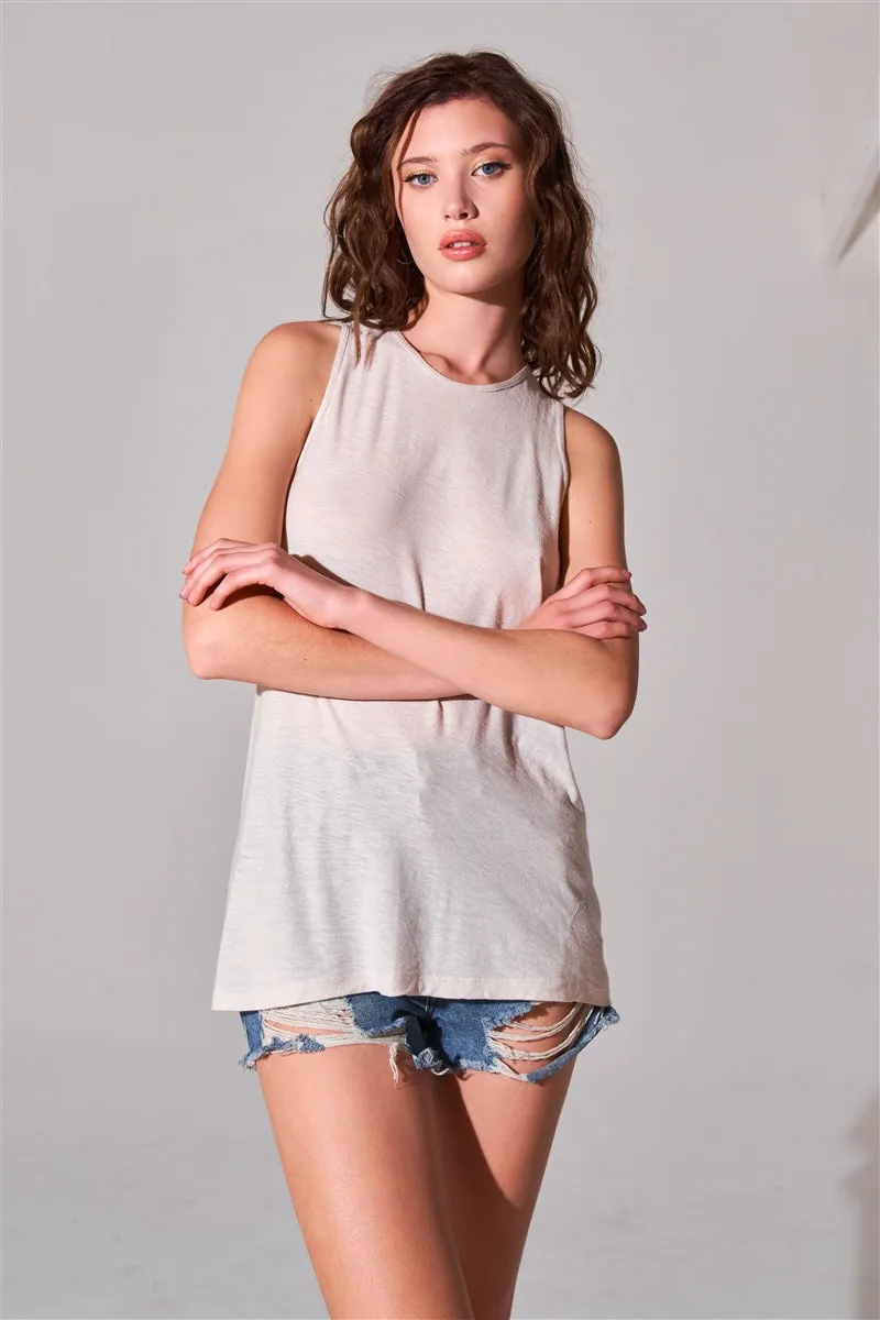 Women's Sleeveless Crew Neck Cut-out Back Detail Longline Top