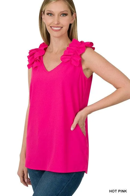 Woven Wool Ruffle Trim Sleeveless Top