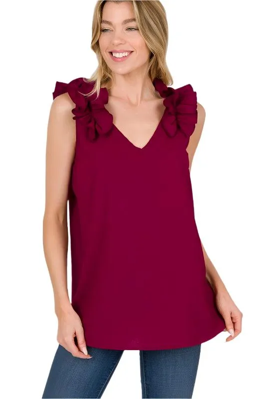 Woven Wool Ruffle Trim Sleeveless Top