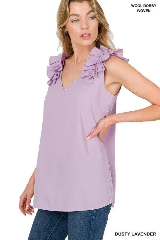 Woven Wool Ruffle Trim Sleeveless Top