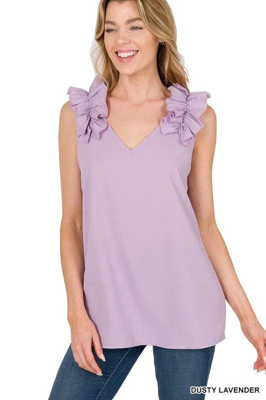 Woven Wool Ruffle Trim Sleeveless Top