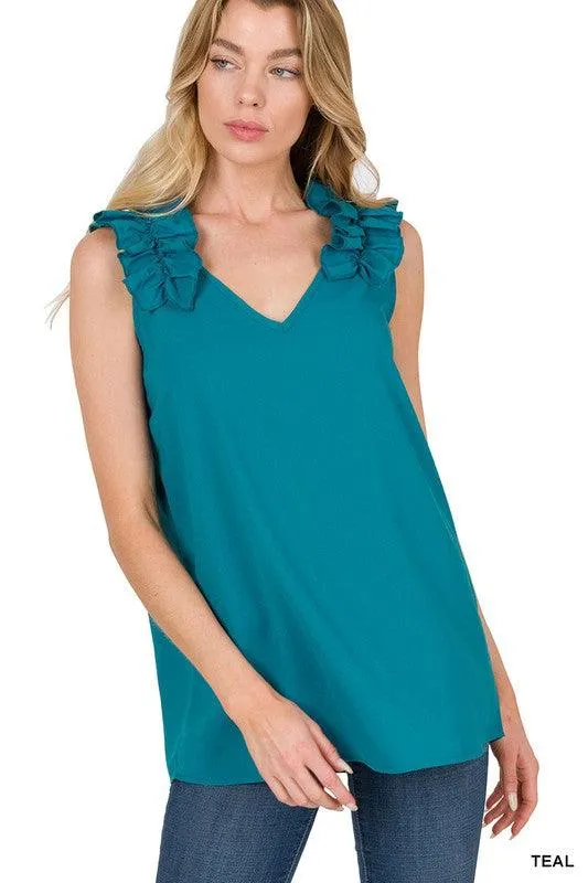 Woven Wool Ruffle Trim Sleeveless Top