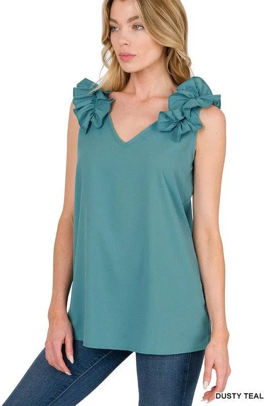 Woven Wool Ruffle Trim Sleeveless Top